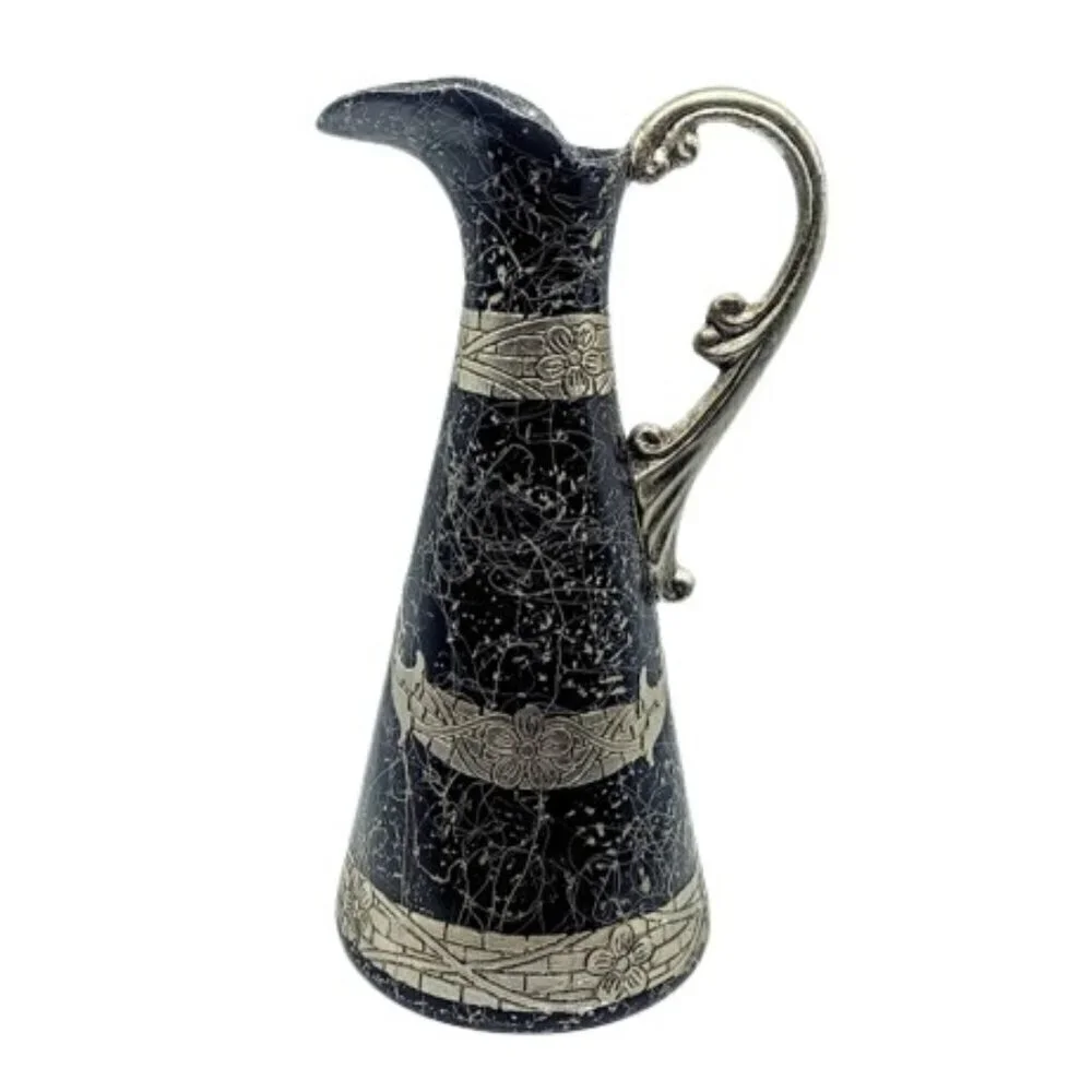 Vintage Black Ceramic Silver Metallic Tall Pitcher Vase - Picture 3 of 10